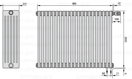 Схема (чертеж) Радиатор Zehnder Charleston 6200/21 №V002 Белый глянцевый RAL 9016